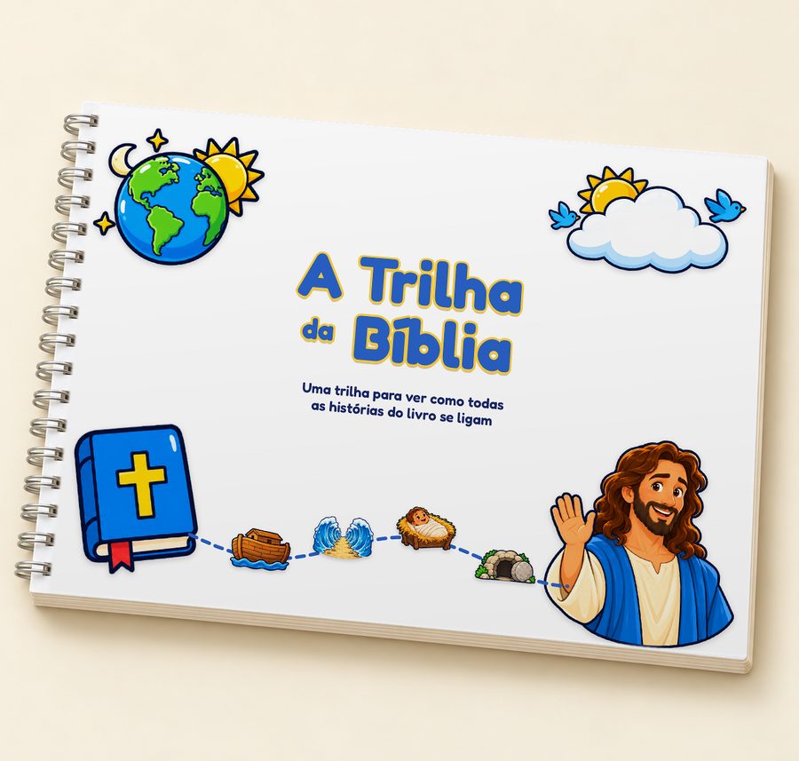 Livro A Trilha da Bíblia impresso, com espiral, deitado sobre a mesa
