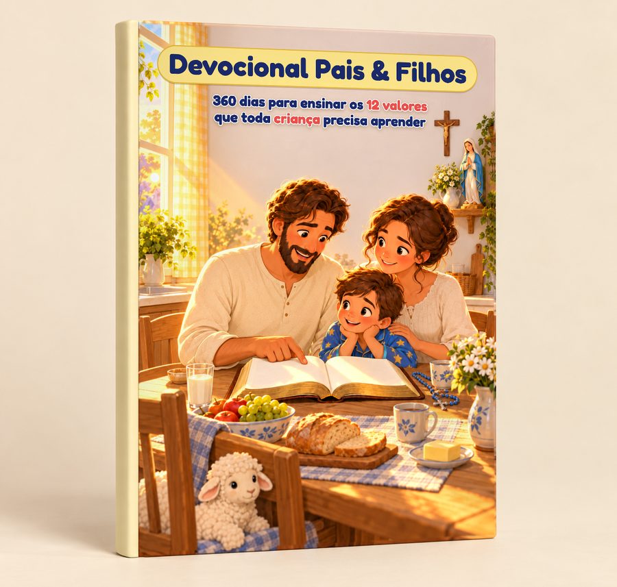 Livro Devocional Pais & Filhos impresso, de capa dura, em pé