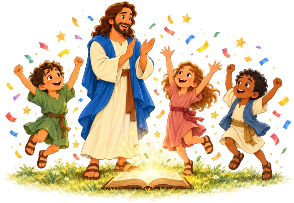 Jesus e três crianças comemorando em volta do livro aberto