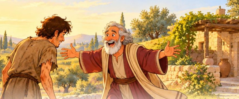 Ilustração da História 37, O filho que voltou: o pai corre sorrindo, de braços abertos, para receber o filho